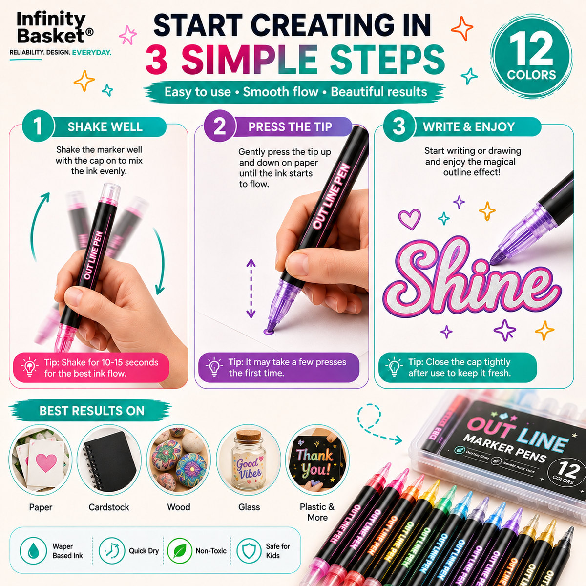 12 Color Magic Outline Marker Pens for DIY Crafts, Cards & Journals