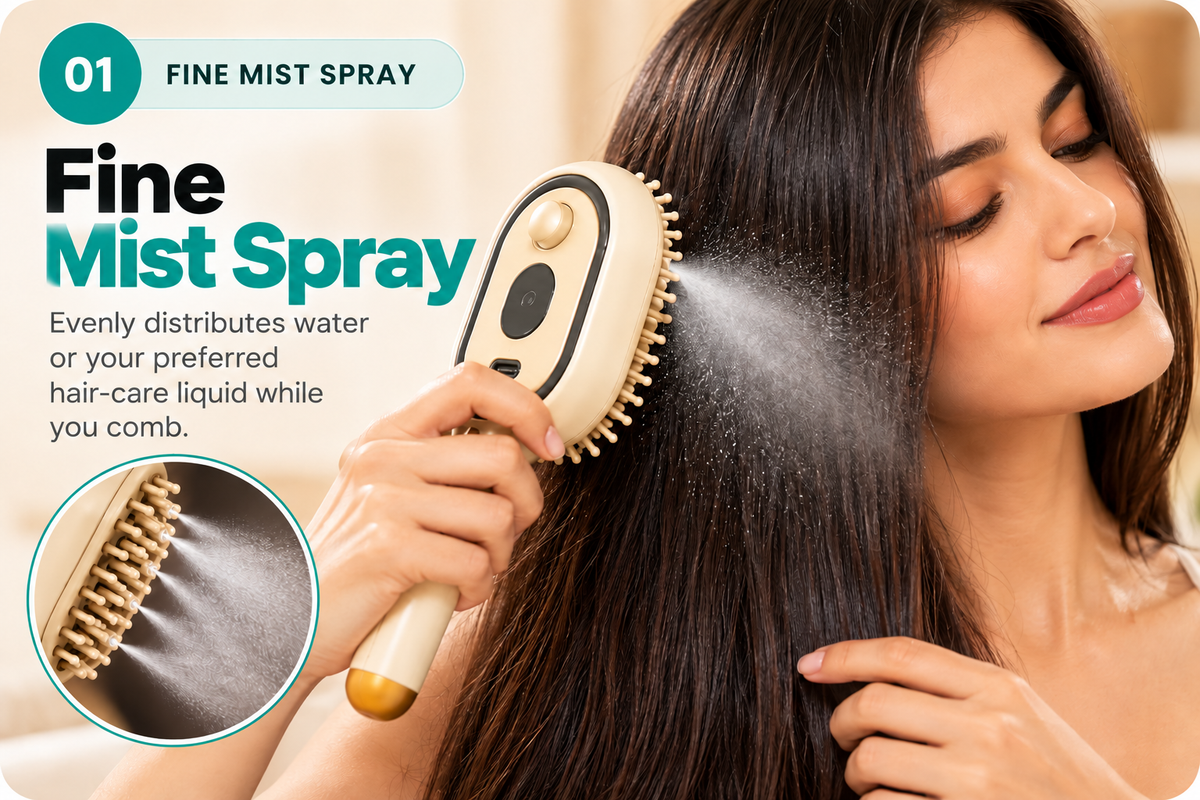 Woman using the fine mist hair comb