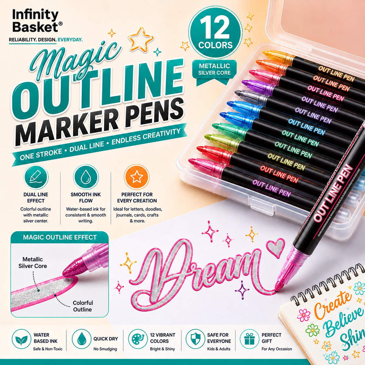 12 Color Magic Outline Marker Pens for DIY Crafts, Cards & Journals